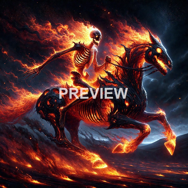 A fiery, demonic skeleton riding a flaming horse with glowing eyes through a dark, stormy landscape.